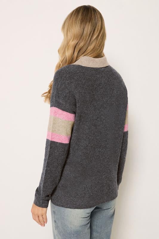 LTS Tall Women's Grey Stripe Knitted Polo Jumper | Long Tall Sally 2