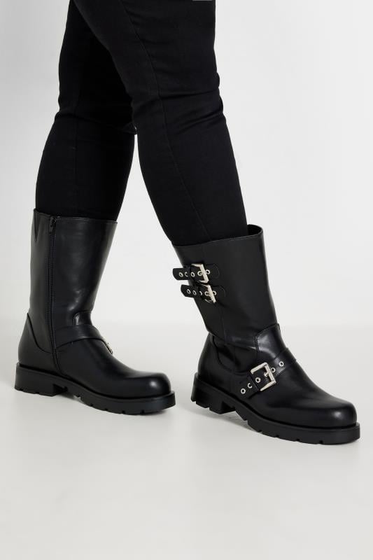 Plus Size  Yours Black Faux Leather Biker Calf Boots In Extra Wide EEE Fit