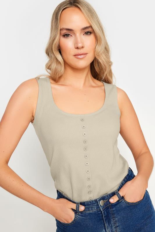 LTS Tall Women's Stone Brown Ribbed Button Detail Vest Top | Long Tall Sally 4