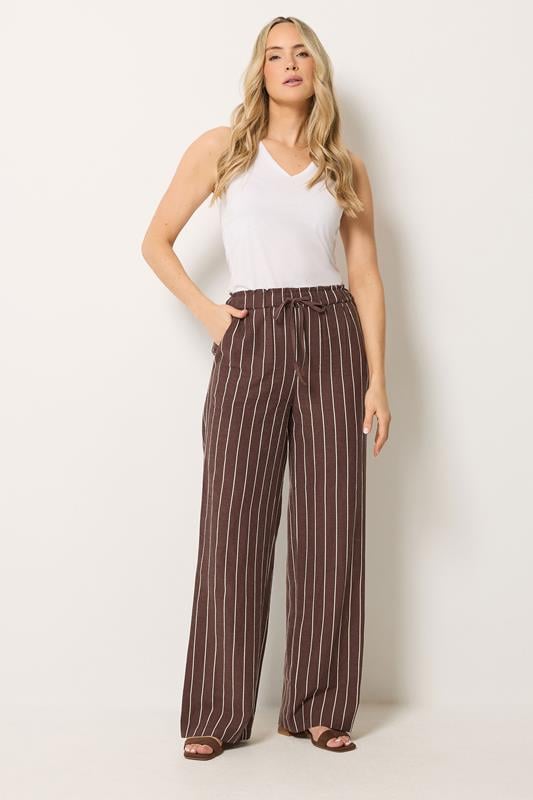  LTS Tall Chocolate Brown Stripe Linen Wide Leg Trousers