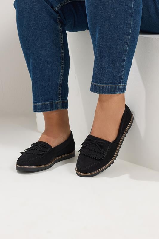 Yours Black Faux Suede Fringe Loafers In Wide E Fit