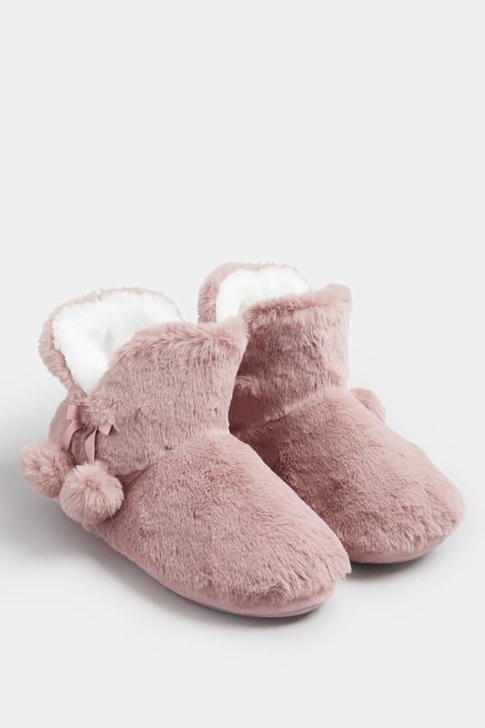 Plus Size  Yours Pink Pom Pom Faux Fur Boot Slippers