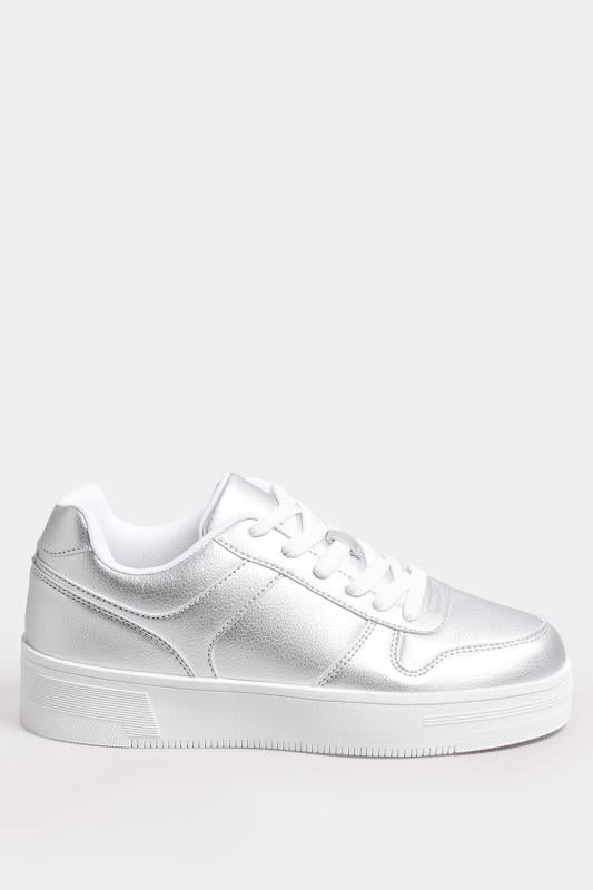 Silver Metallic Chunky Lace Up Trainers In Wide E Fit | Yours Clothing 3