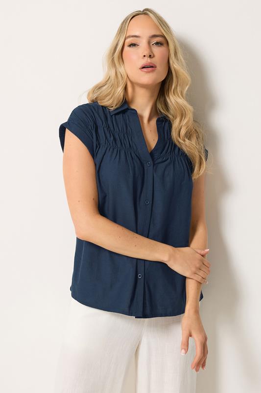  LTS Tall Navy Blue Shirred Detail Linen Blouse