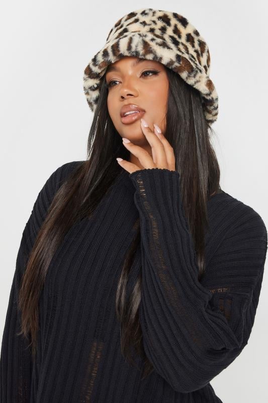 Natural Brown Leopard Print Faux Fur Bucket Hat | Yours Clothing  1