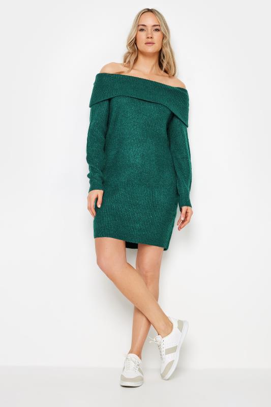 LTS Tall Womens Dark Green Bardot Mini Jumper Dress | Long Tall Sally 1