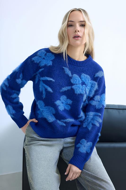 Tall  LTS Tall Blue Floral Fluffy Knit Jumper