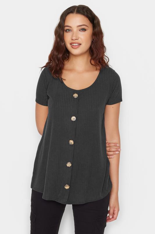 LTS Tall Women's Black Ribbed Button Detail T-Shirt | Long Tall Sally  1
