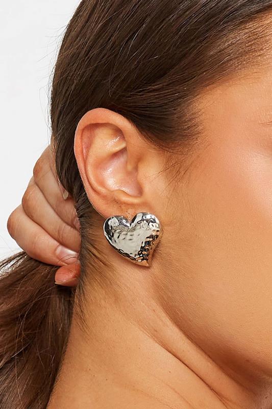 Silver Textured Heart Stus Earrings | Yours Clothing 1