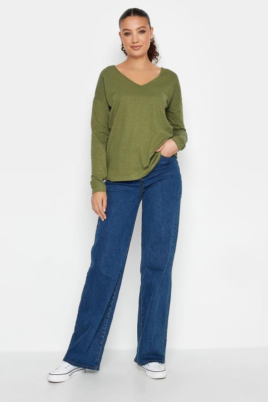 LTS Tall Khaki Green V-Neck Long Sleeve Cotton T-Shirt | Long Tall Sally 2