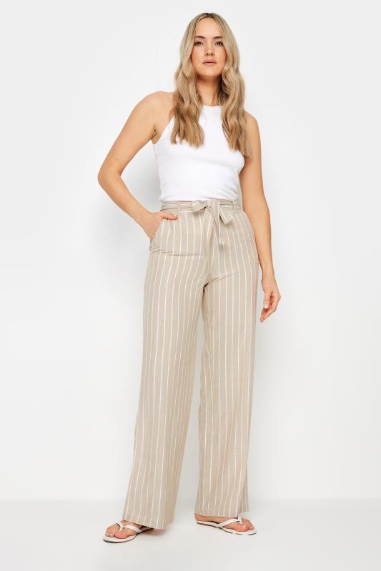 LTS Tall Women's Stone Brown Stripe Linen Wide Leg Trousers | Long Tall Sally 1