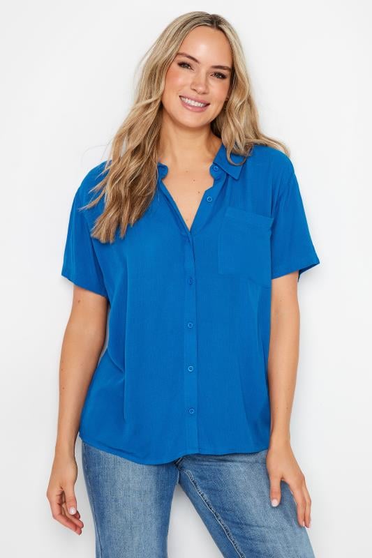 LTS Tall Women's Blue Crinkle Short Sleeve Shirt | Long Tall Sally  1