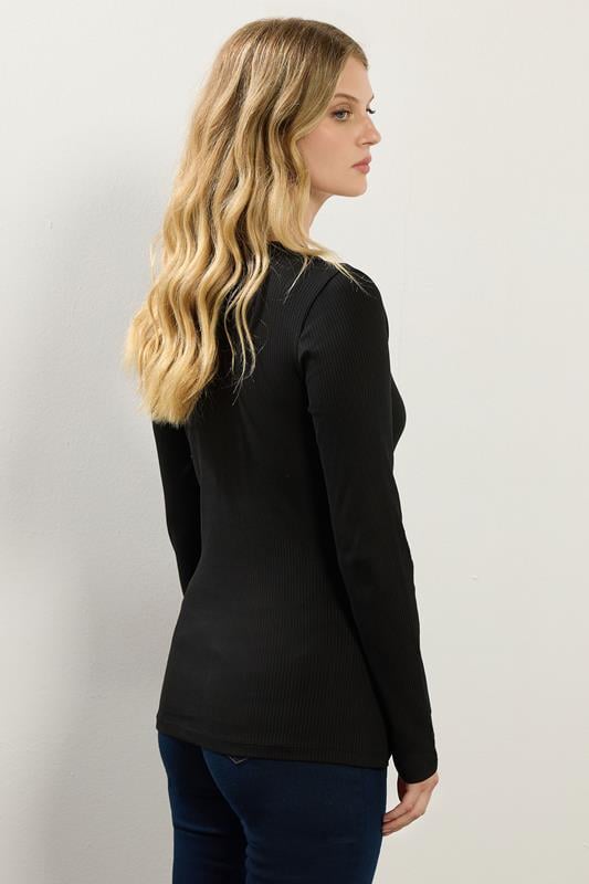 LTS Tall Black Cotton Ribbed Henley Top | Long Tall Sally 3
