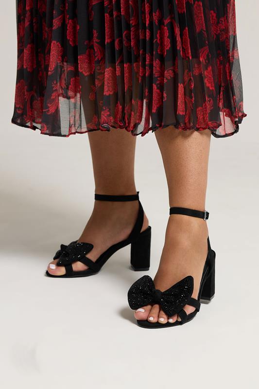 Black Diamante Bow Block Heel Sandals In Extra Wide EEE Fit | Yours Clothing 1