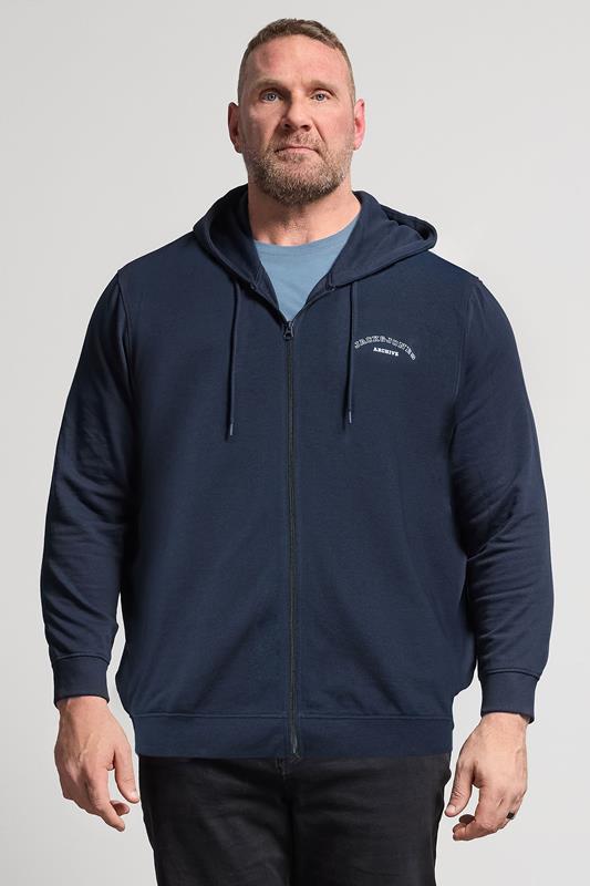 JACK & JONES Big & Tall Navy Blue Zip Through Print Hoodie