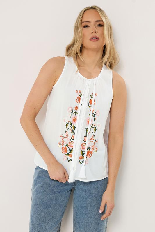  LTS Tall White Floral Embroidered Cotton Vest Top