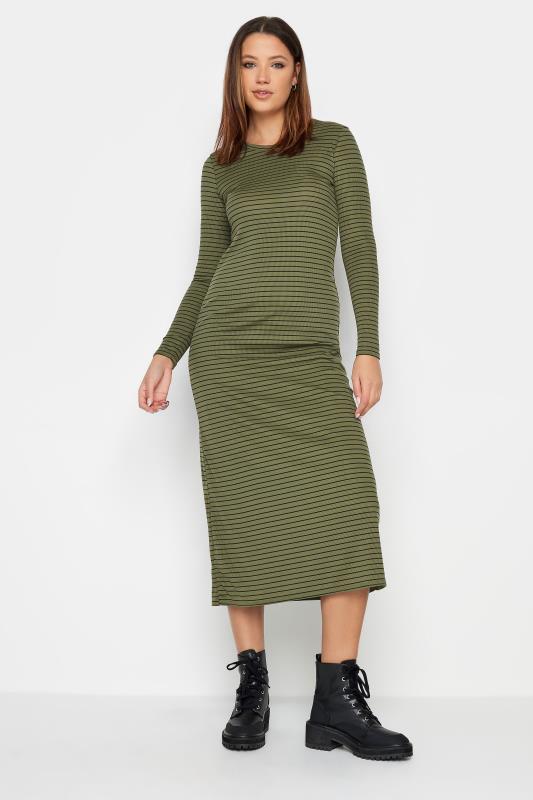 LTS Tall Womens Khaki Green & Black Stripe Ribbed Midi Dress | Long Tall Sally  3