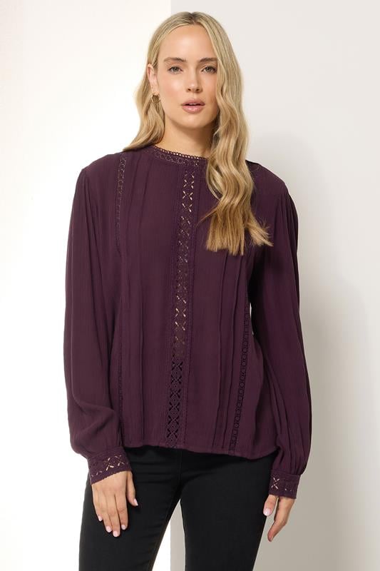 LTS Tall Purple Crinkle Lace Detail Blouse | Long Tall Sally 1