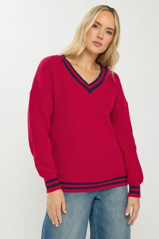 Tall  LTS Tall Red & Navy Blue Stripe V-Neck Jumper