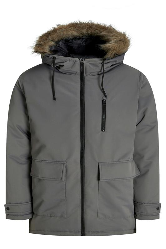 JACK & JONES Big & Tall Grey Faux Fur Detachable Hooded Parka Jacket | BadRhino 1
