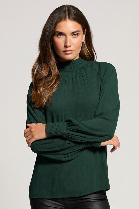LTS Tall Dark Green High Neck Crinkle Blouse | Long Tall Sally 1