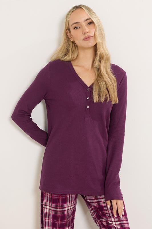 LTS Tall Burgundy Red Cotton Waffle Pyjama Top | Long Tall Sally 1