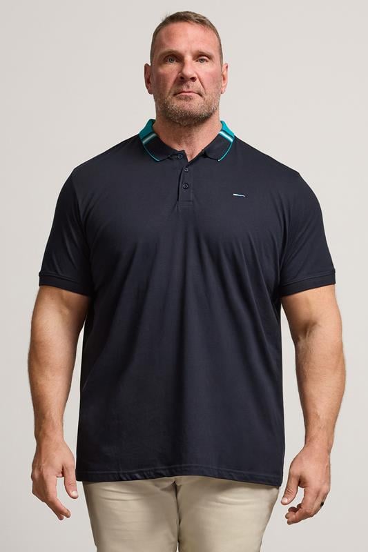 BadRhino Big & Tall Navy Blue Stripe Detail Jacquard Collar Polo Shirt
