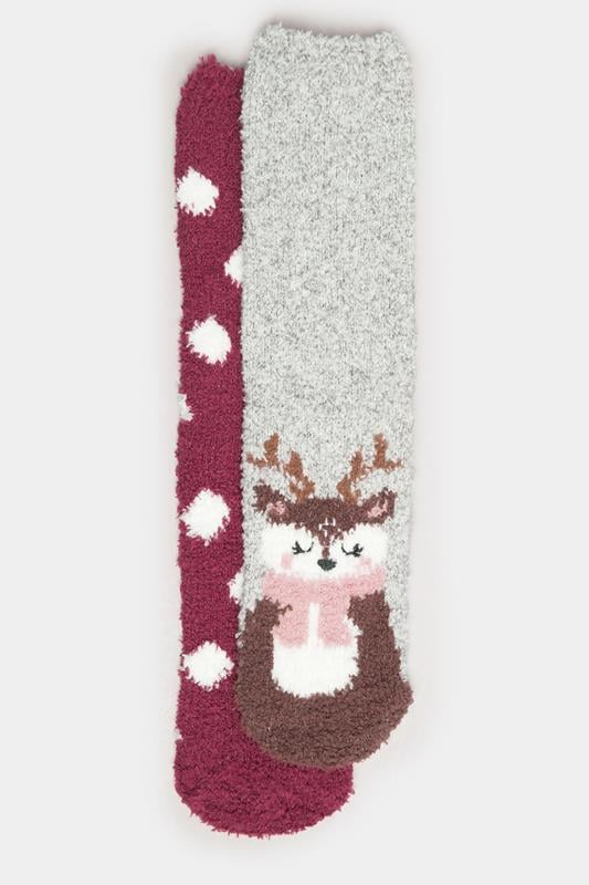 2 PACK Grey & Red Reindeer Fluffy Bed Socks | Yours Clothing 5