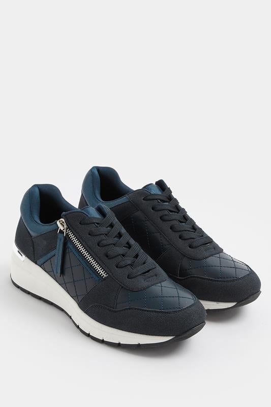  Yours Navy Blue Quilted Wedge Trainer In Wide E Fit