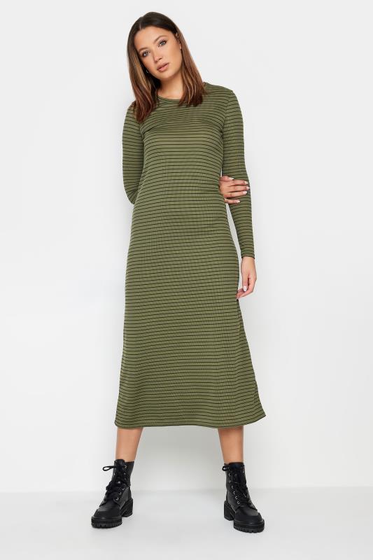 LTS Tall Womens Khaki Green & Black Stripe Ribbed Midi Dress | Long Tall Sally  1