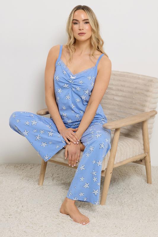 LTS Tall Women's Blue Starfish Print Cotton Wide Leg Pyjama Set | Long Tall Sally 1