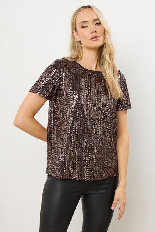LTS Tall Brown Crew Neck Sequin Top | Long Tall Sally 1