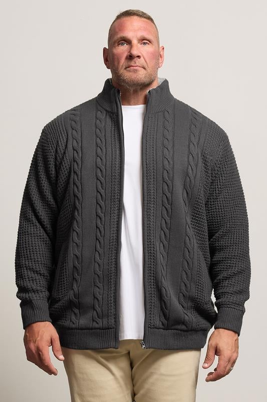 BadRhino Big & Tall Charcoal Grey Sherpa Lined Zip Through Cable Jumper | BadRhino 1