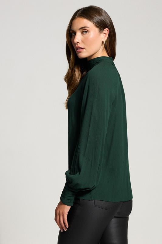 LTS Tall Dark Green High Neck Crinkle Blouse | Long Tall Sally 3