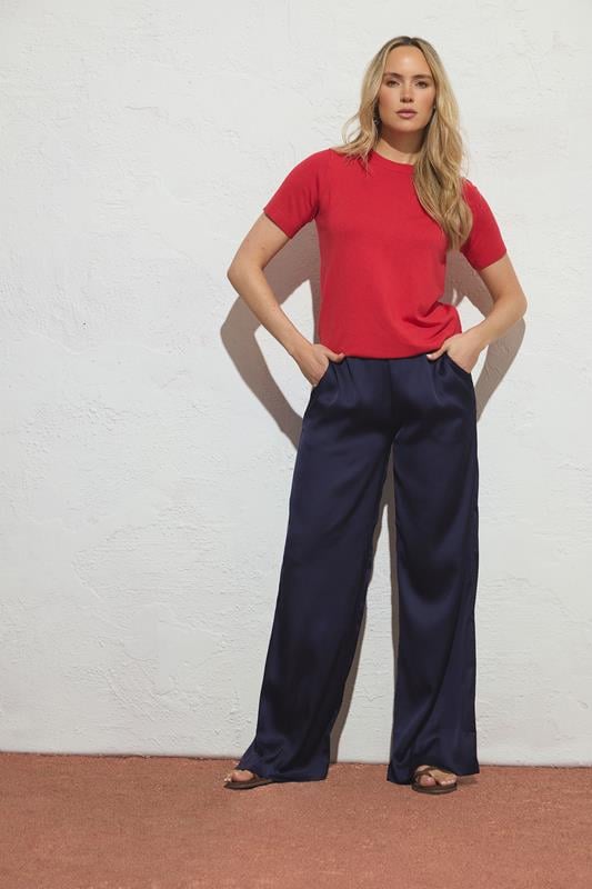  LTS Tall Navy Blue Satin Wide Leg Trousers