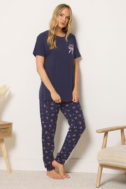  LTS Tall Navy Blue Bow Print Cotton Cuffed Pyjama Set
