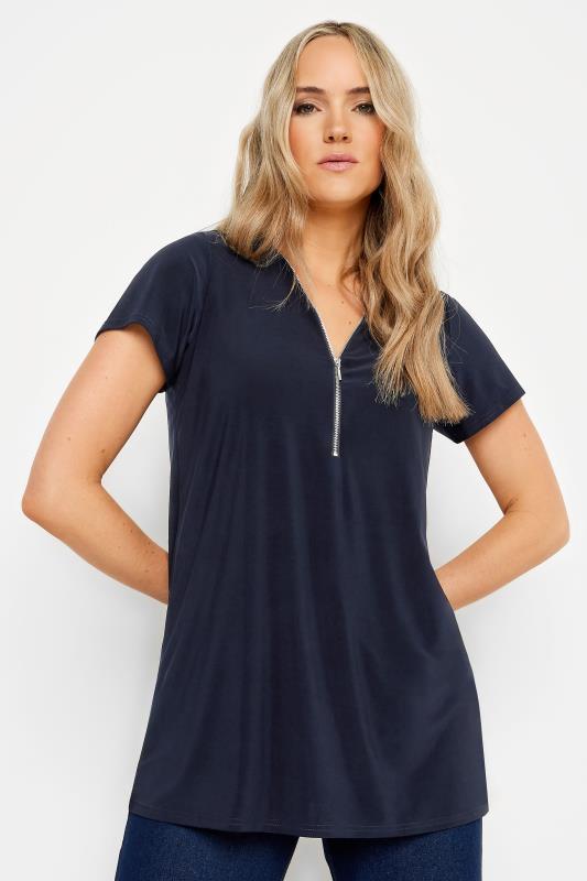 LTS Tall Women's Navy Blue Zip Detail T-Shirt | Long Tall Sally 1