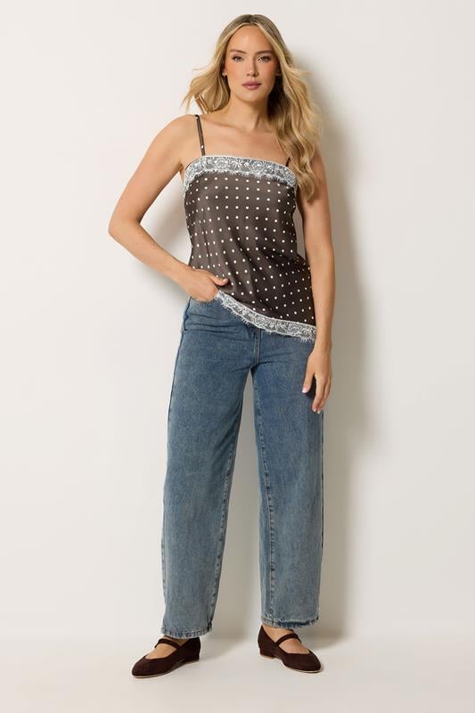 LTS Tall Women's Chocolate Brown Polka Dot Asymmetric Lace Cami Top | Long Tall Sally 1