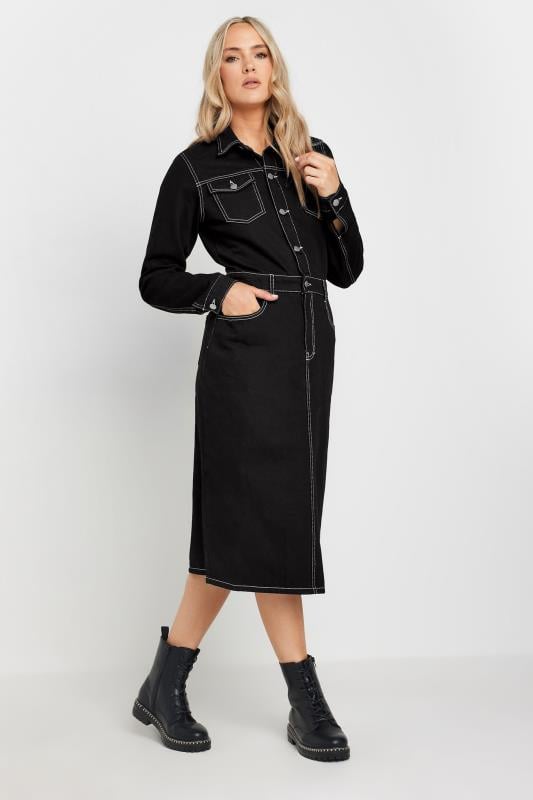 LTS Tall Black Contrast Stitch Denim Midi Dress Long Tall Sally