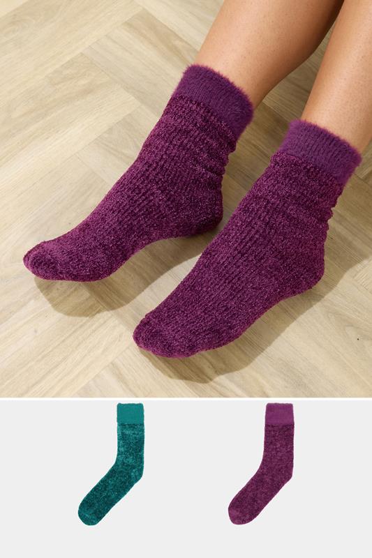 2 PACK Green & Purple Chenille Ankle Bed Socks | Yours Clothing 1