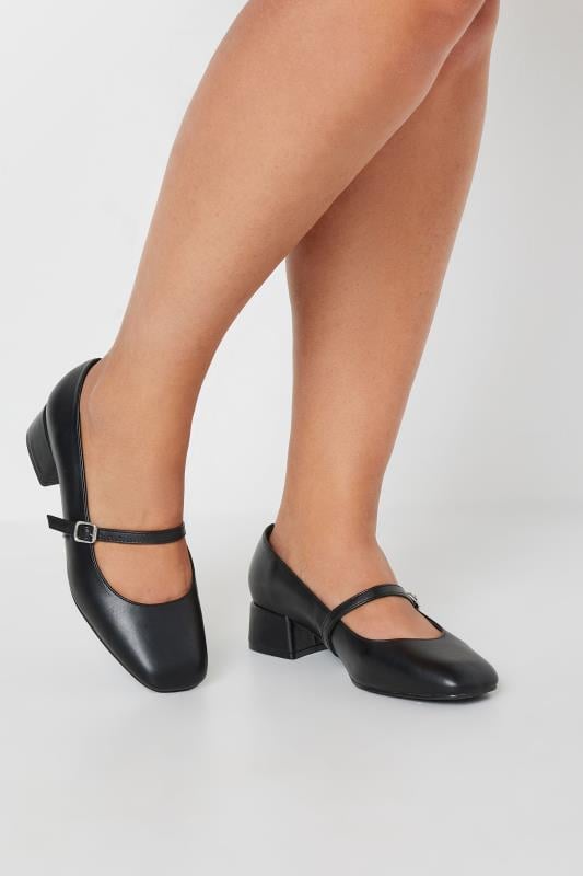 Black Faux Leather Mary Jane Block Heels In Extra Wide EEE Fit | Yours Clothing 1