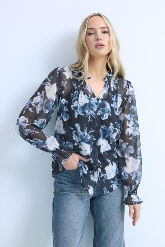 Tall  LTS Tall Navy Blue Floral Sheer Pintuck Blouse