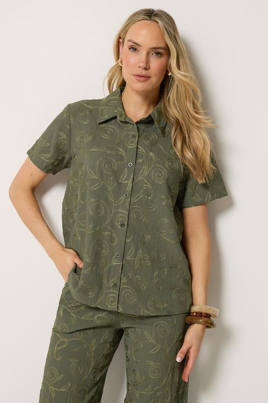 LTS Tall Women's Set Olive Green Floral Embroidered Shirt & Trousers | Long Tall Sally  1