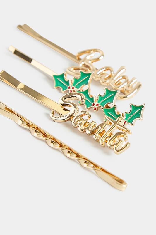 4 PACK Gold 'Santa Baby' Christmas Hairslide Set | Yours Clothing 4