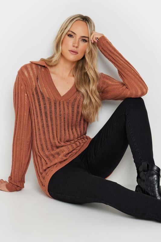 LTS Tall Womens Rust Orange Collared Crochet Jumper | Long Tall Sally 2