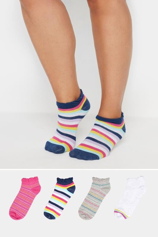 YOURS 4 PACK Plus Size Blue & Grey Stripe Ankle Socks | Yours Clothing  1