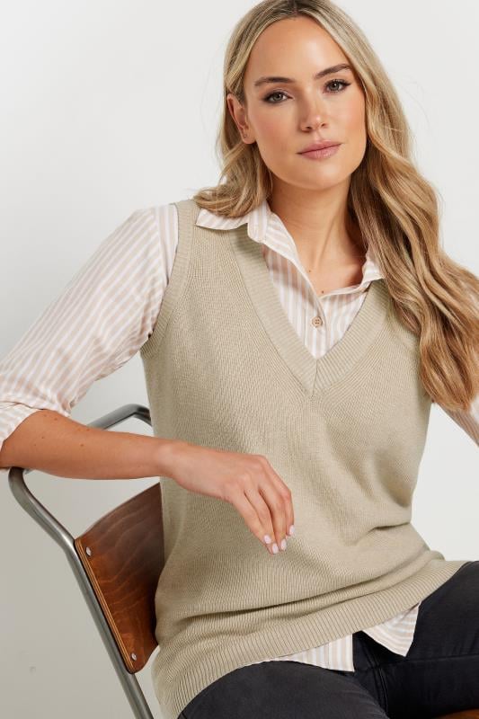 LTS Tall Women's Beige Brown V-Neck Knitted Vest Top | Long Tall Sally 2