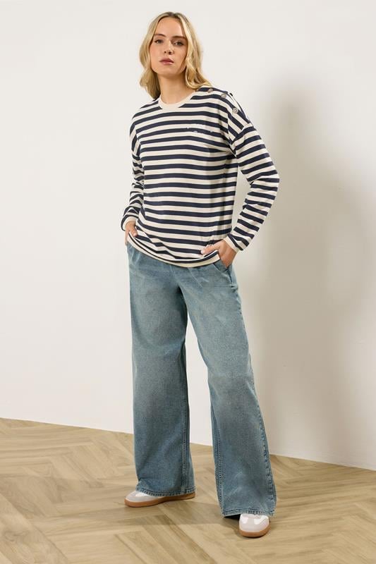 LTS Tall Navy Blue Stripe Embroidered 'Le Marais' Slogan Sweatshirt | Long Tall Sally  2