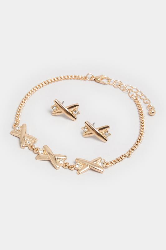Gold Tone Diamante Cross Bracelet & Earrings Set | Yours Clothing 2