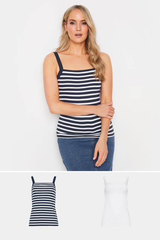 LTS Tall Women's 2 PACK White & Navy Blue Striped Cami Tops | Long Tall Sally 1